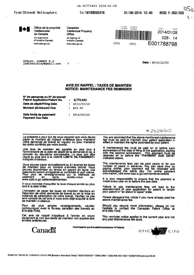 Document de brevet canadien 2772463. Taxes 20131228. Image 1 de 1