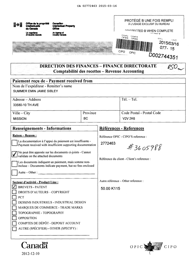 Document de brevet canadien 2772463. Taxes 20141216. Image 1 de 1