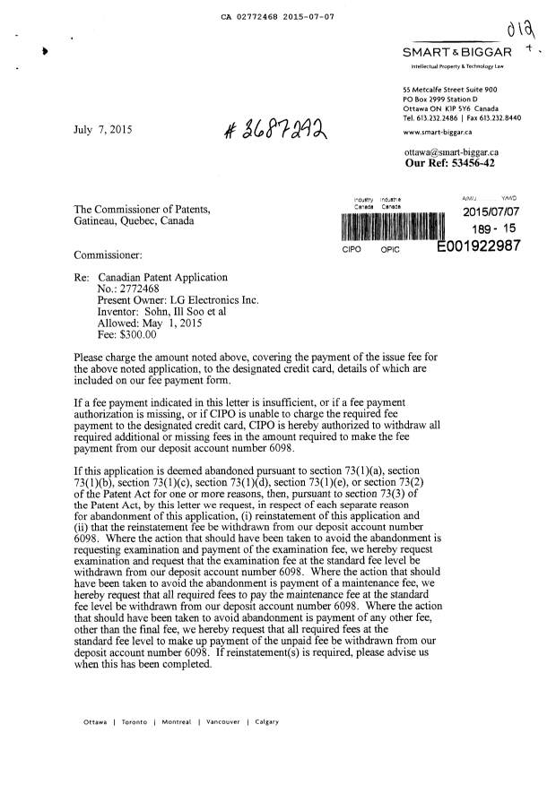 Canadian Patent Document 2772468. Correspondence 20141207. Image 1 of 2