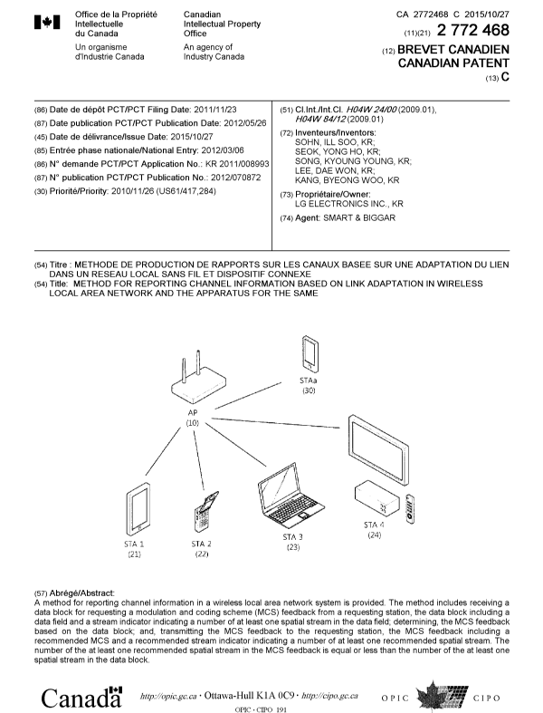 Canadian Patent Document 2772468. Cover Page 20141209. Image 1 of 1