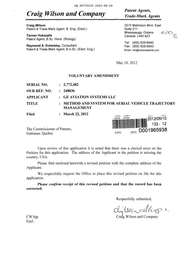 Document de brevet canadien 2772482. Correspondance 20120510. Image 1 de 2