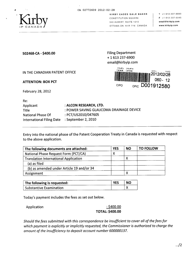 Document de brevet canadien 2772609. Cession 20120228. Image 1 de 4
