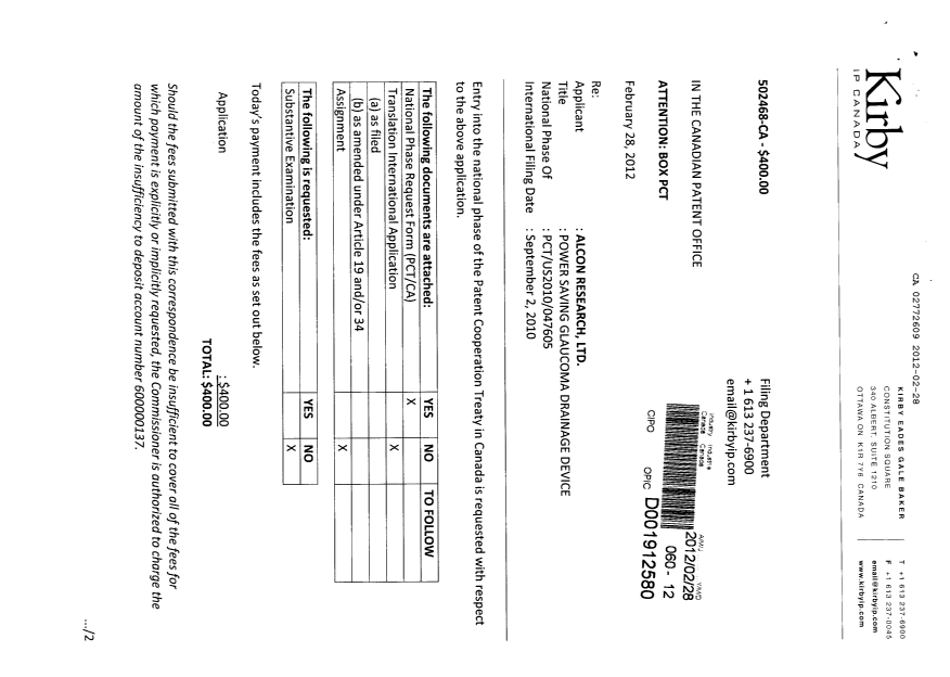 Canadian Patent Document 2772609. Assignment 20120228. Image 1 of 4