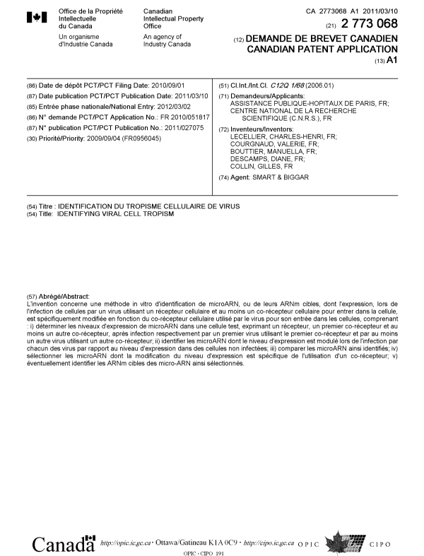 Document de brevet canadien 2773068. Page couverture 20111210. Image 1 de 1