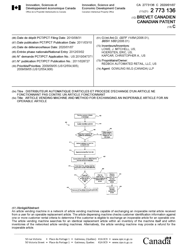Document de brevet canadien 2773136. Page couverture 20191227. Image 1 de 1