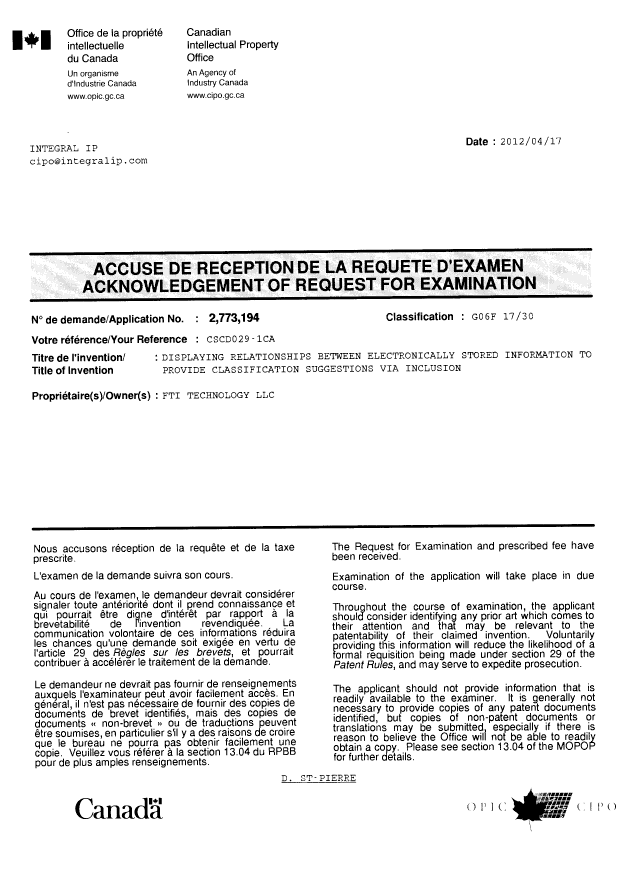 Document de brevet canadien 2773194. Correspondance 20120417. Image 1 de 1