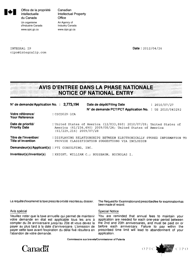 Document de brevet canadien 2773194. Correspondance 20120426. Image 1 de 1