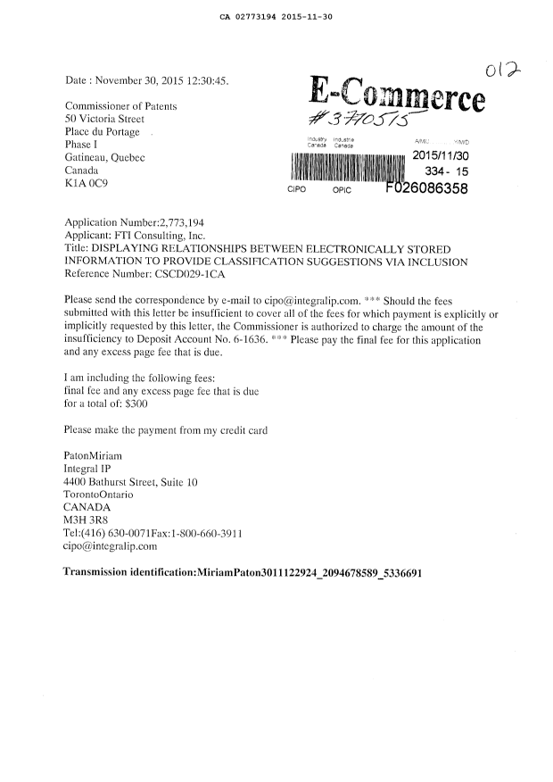 Document de brevet canadien 2773194. Taxe finale 20151130. Image 1 de 1