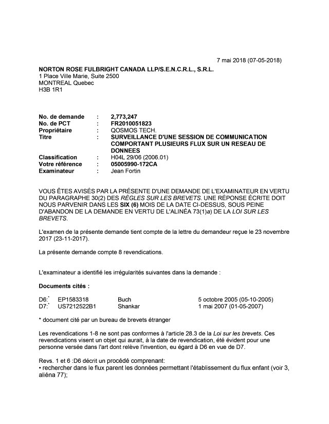 Canadian Patent Document 2773247. Examiner Requisition 20180507. Image 1 of 3