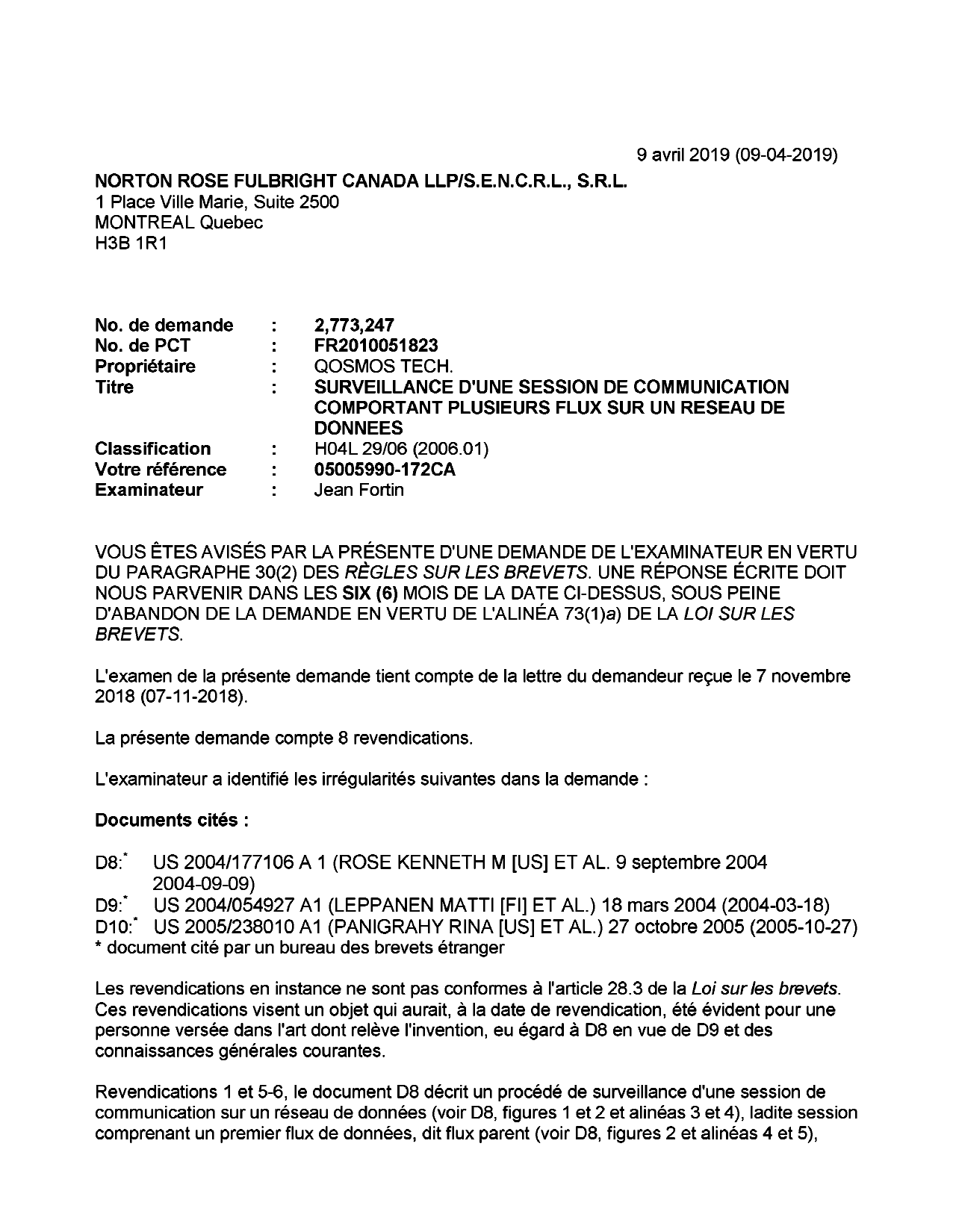 Canadian Patent Document 2773247. Examiner Requisition 20190409. Image 1 of 4