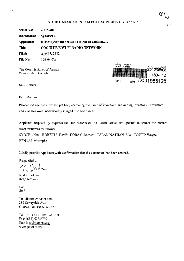 Canadian Patent Document 2773302. Correspondence 20111208. Image 1 of 3