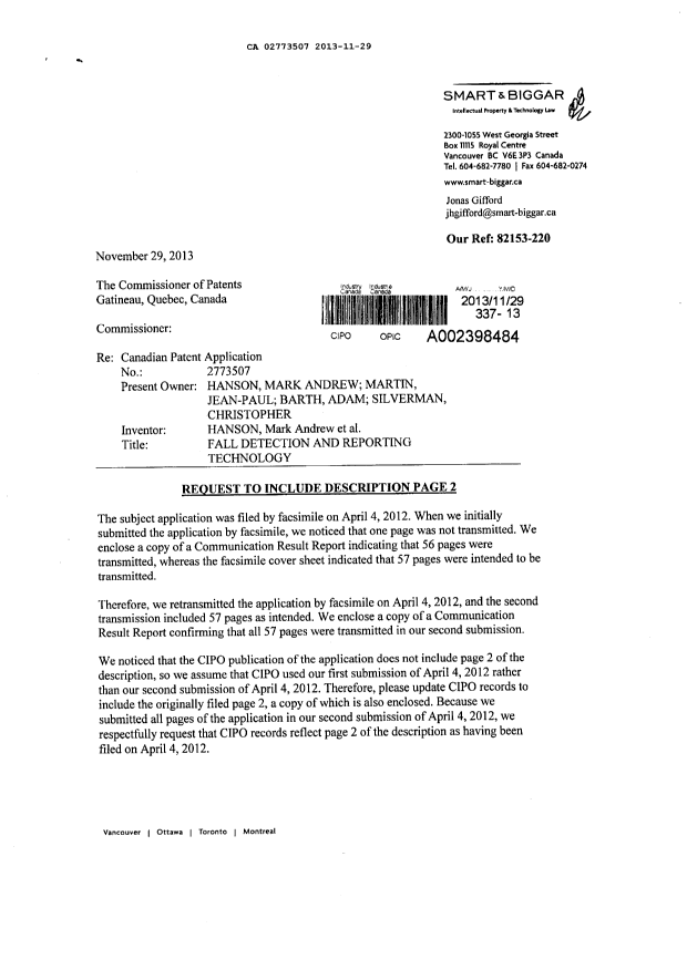 Document de brevet canadien 2773507. Modification 20131129. Image 1 de 3
