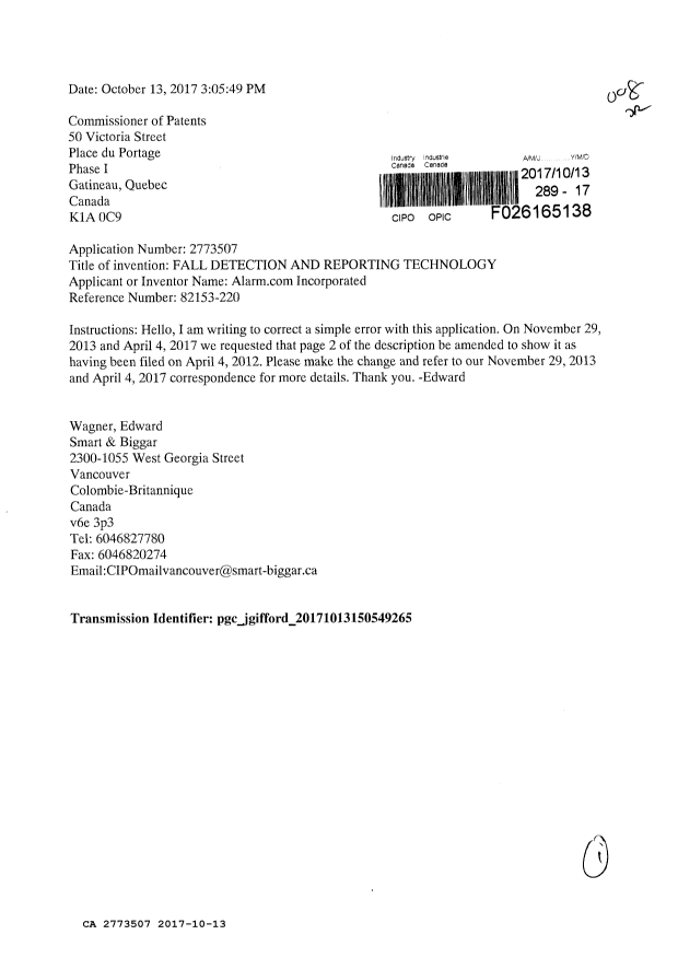 Document de brevet canadien 2773507. Correspondance de la poursuite 20171013. Image 1 de 1