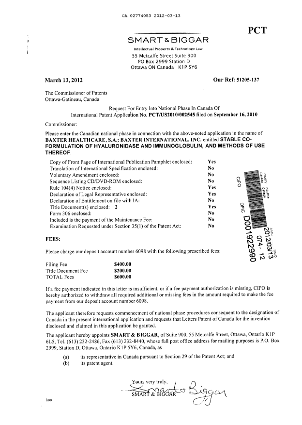 Document de brevet canadien 2774053. Cession 20120313. Image 1 de 27