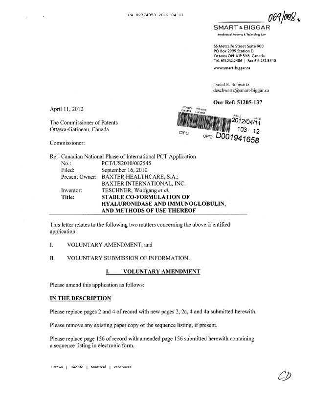 Document de brevet canadien 2774053. Correspondance de la poursuite 20120411. Image 1 de 15