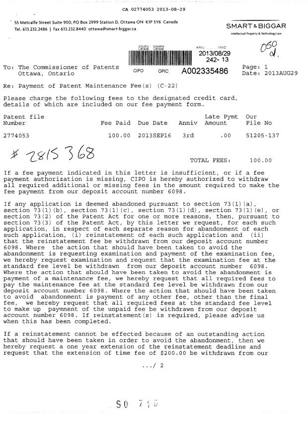 Document de brevet canadien 2774053. Taxes 20130829. Image 1 de 2