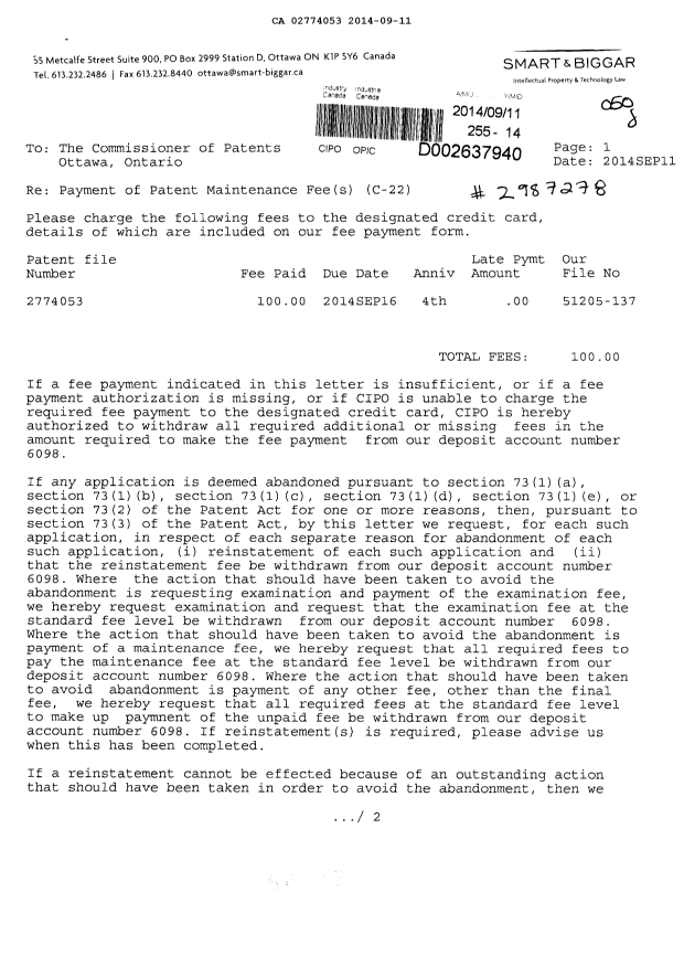 Document de brevet canadien 2774053. Taxes 20140911. Image 1 de 2