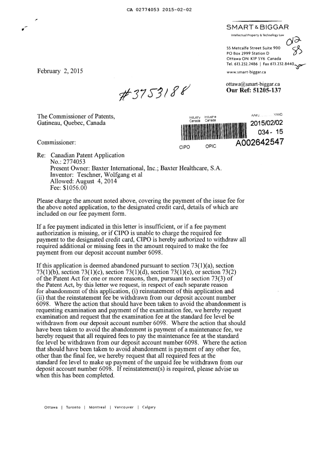 Document de brevet canadien 2774053. Correspondance 20150202. Image 1 de 2