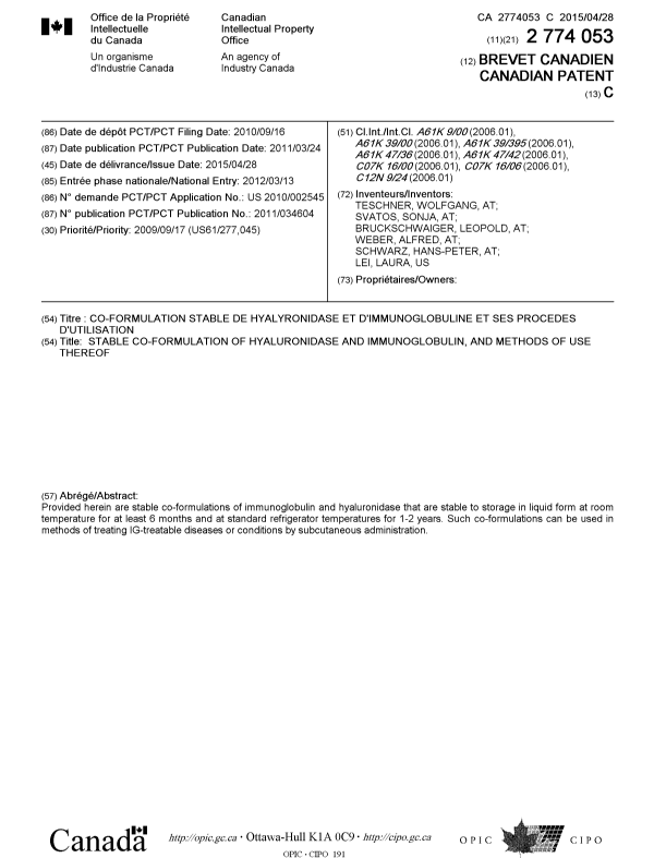 Document de brevet canadien 2774053. Page couverture 20150402. Image 1 de 2