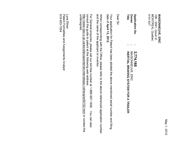 Document de brevet canadien 2774165. Correspondance 20111201. Image 1 de 1