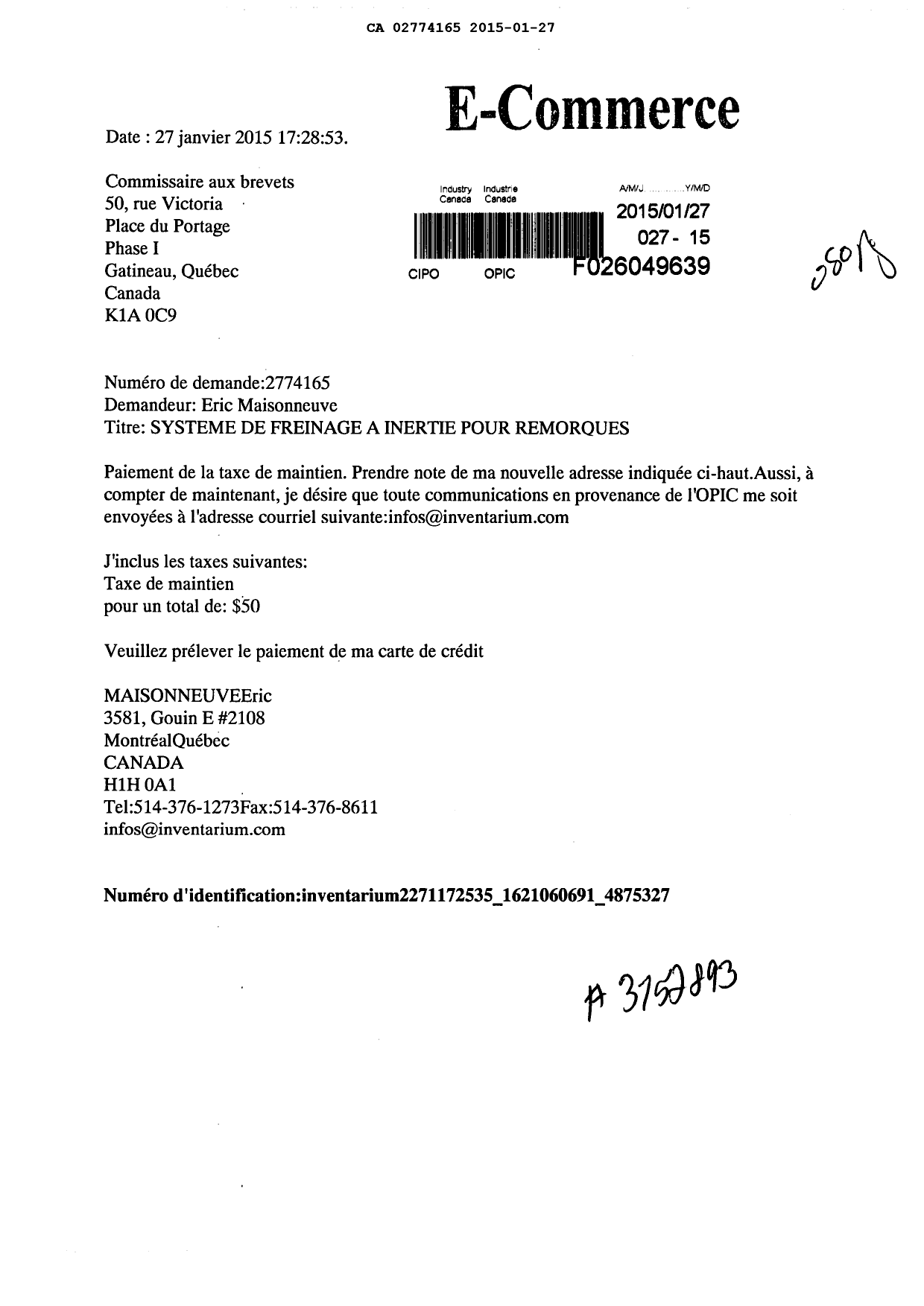Document de brevet canadien 2774165. Correspondance 20141227. Image 1 de 1