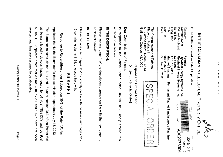 Document de brevet canadien 2774303. Poursuite-Amendment 20111211. Image 1 de 10