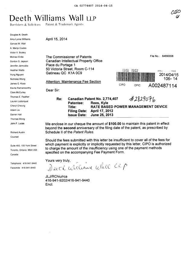 Document de brevet canadien 2774407. Taxes 20131215. Image 1 de 1