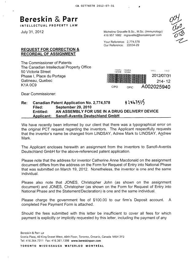 Document de brevet canadien 2774578. Correspondance 20120731. Image 1 de 2