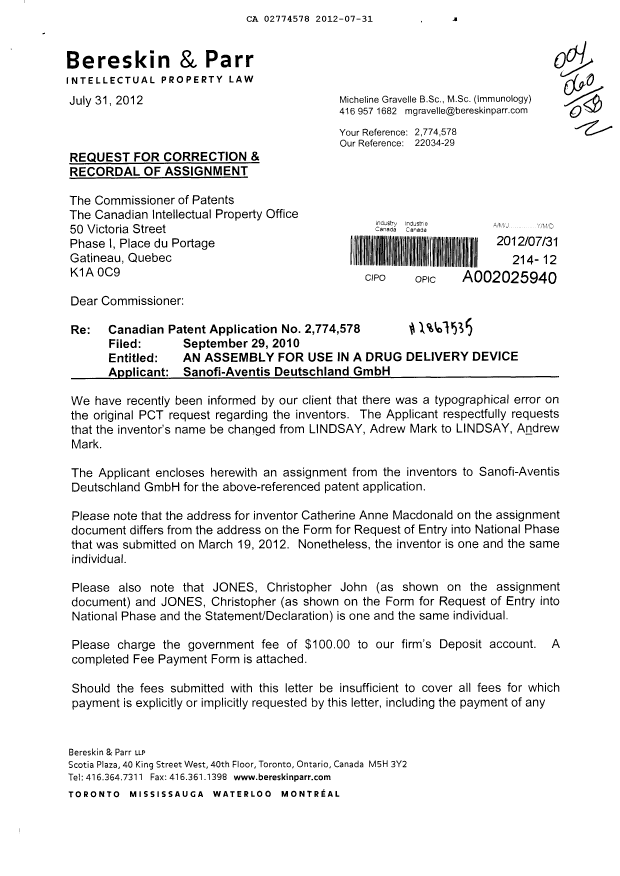 Document de brevet canadien 2774578. Cession 20120731. Image 1 de 5