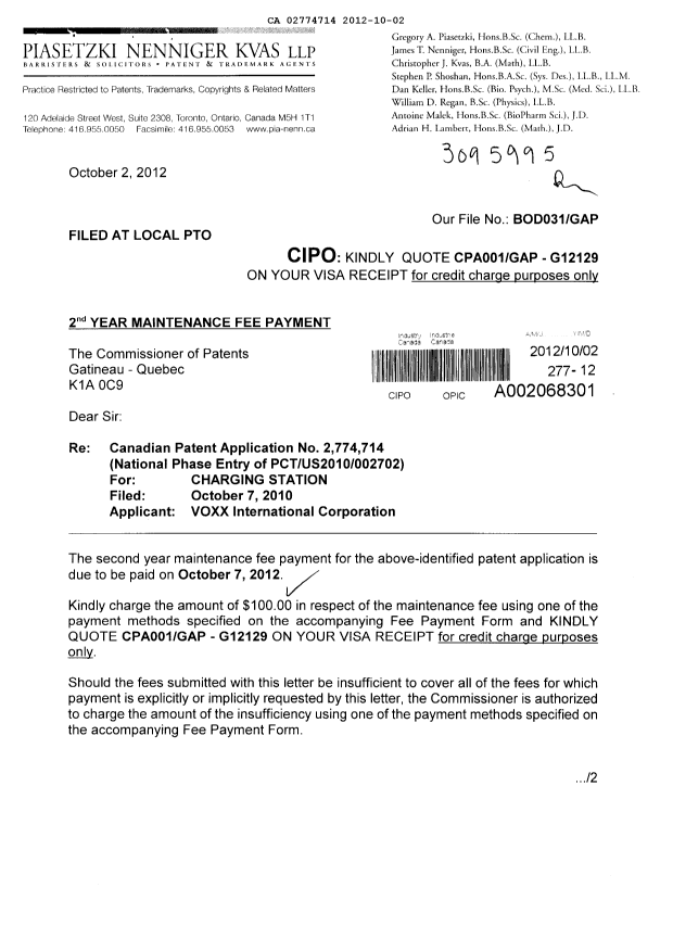Document de brevet canadien 2774714. Taxes 20121002. Image 1 de 2