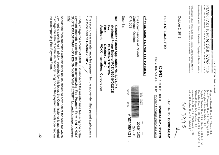 Canadian Patent Document 2774714. Fees 20121002. Image 1 of 2