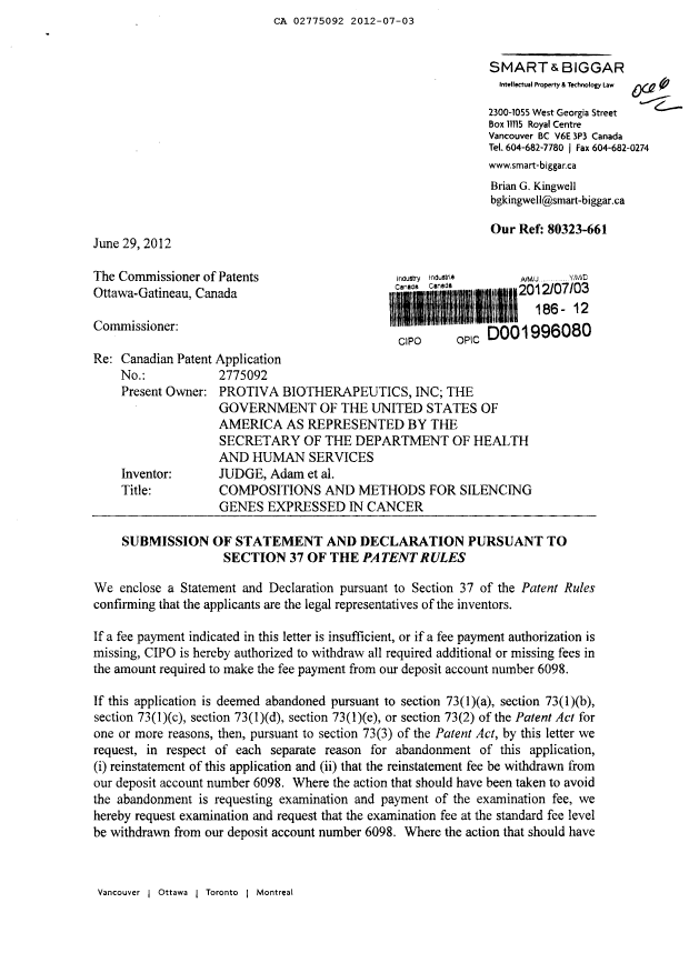 Canadian Patent Document 2775092. Correspondence 20120703. Image 1 of 3