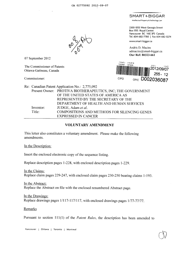 Document de brevet canadien 2775092. Poursuite-Amendment 20120907. Image 1 de 330