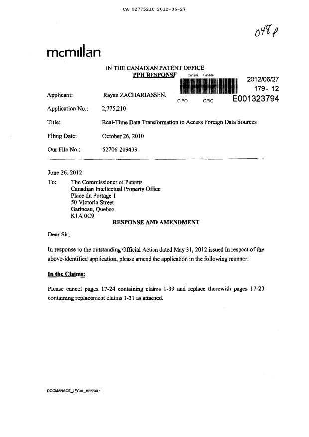 Document de brevet canadien 2775210. Poursuite-Amendment 20120627. Image 1 de 9
