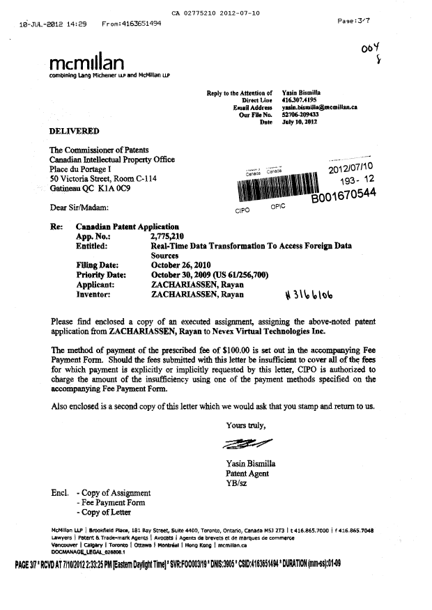 Document de brevet canadien 2775210. Cession 20120710. Image 1 de 6
