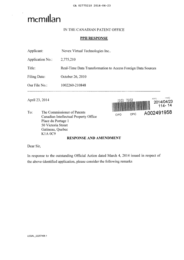 Canadian Patent Document 2775210. Prosecution-Amendment 20140423. Image 2 of 3