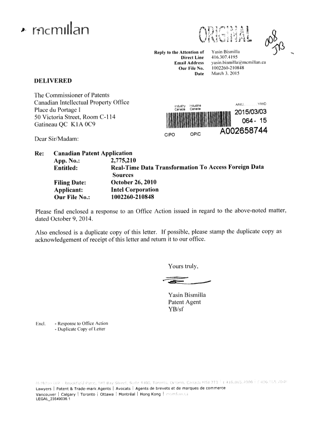 Document de brevet canadien 2775210. Poursuite-Amendment 20150303. Image 1 de 4