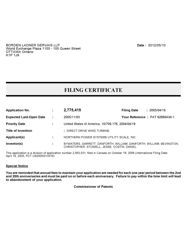 Document de brevet canadien 2775415. Correspondance 20120510. Image 1 de 1