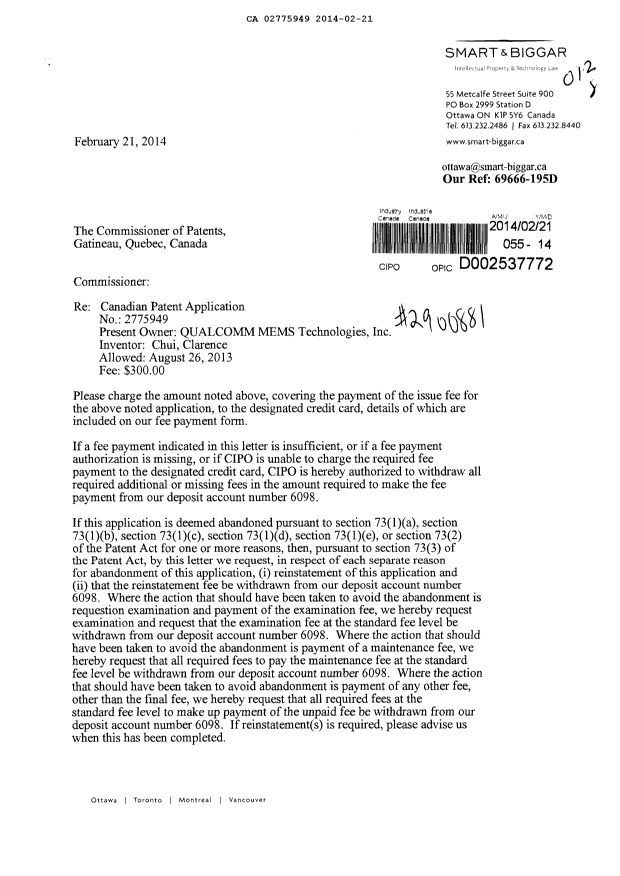 Document de brevet canadien 2775949. Correspondance 20140221. Image 1 de 2