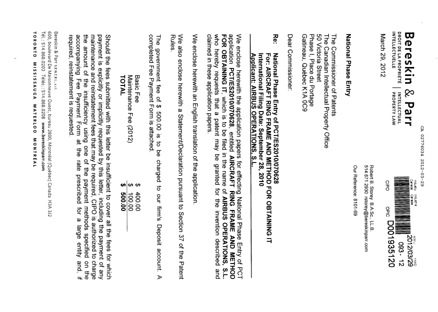 Canadian Patent Document 2776034. Assignment 20120329. Image 1 of 6