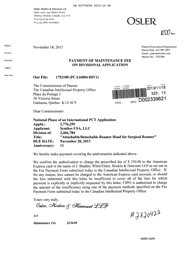 Canadian Patent Document 2776259. Fees 20131118. Image 1 of 1
