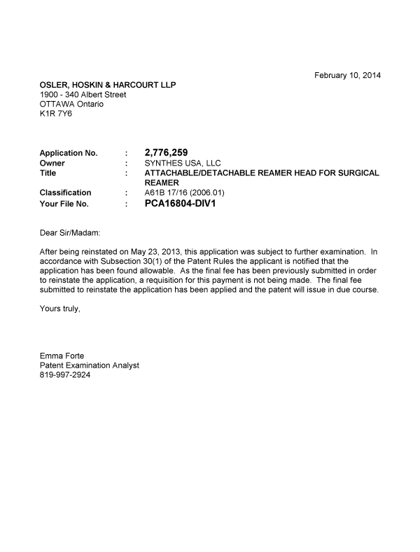 Document de brevet canadien 2776259. Correspondance 20140210. Image 1 de 1