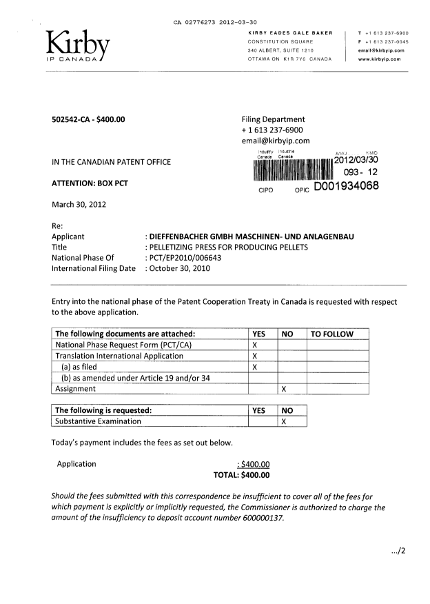 Document de brevet canadien 2776273. Cession 20120330. Image 1 de 4