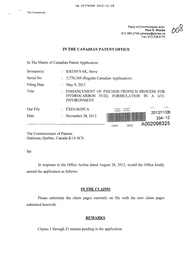 Canadian Patent Document 2776369. Prosecution-Amendment 20111228. Image 1 of 7