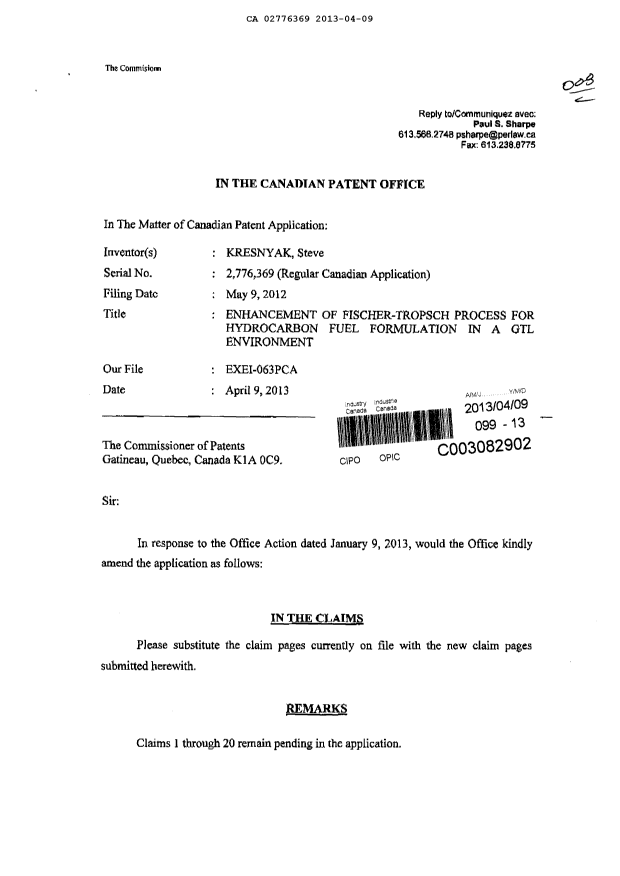 Canadian Patent Document 2776369. Prosecution-Amendment 20121209. Image 1 of 7