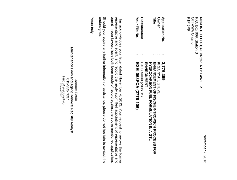 Document de brevet canadien 2776369. Correspondance 20131107. Image 1 de 1