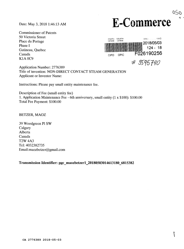 Canadian Patent Document 2776389. Maintenance Fee Payment 20180503. Image 1 of 1
