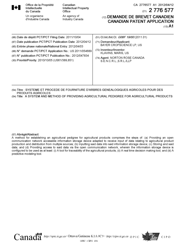 Canadian Patent Document 2776577. Cover Page 20120705. Image 1 of 1