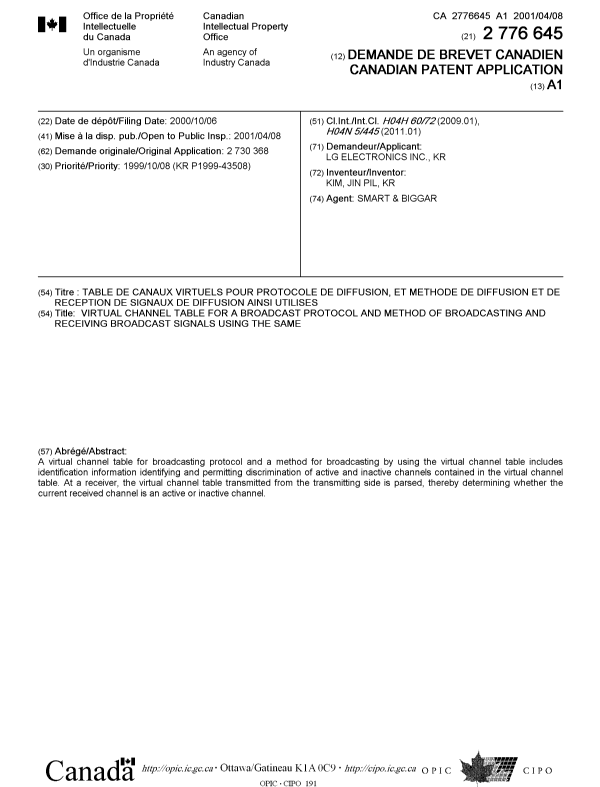 Canadian Patent Document 2776645. Cover Page 20111215. Image 1 of 1