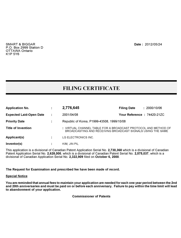 Canadian Patent Document 2776645. Correspondence 20111224. Image 1 of 1